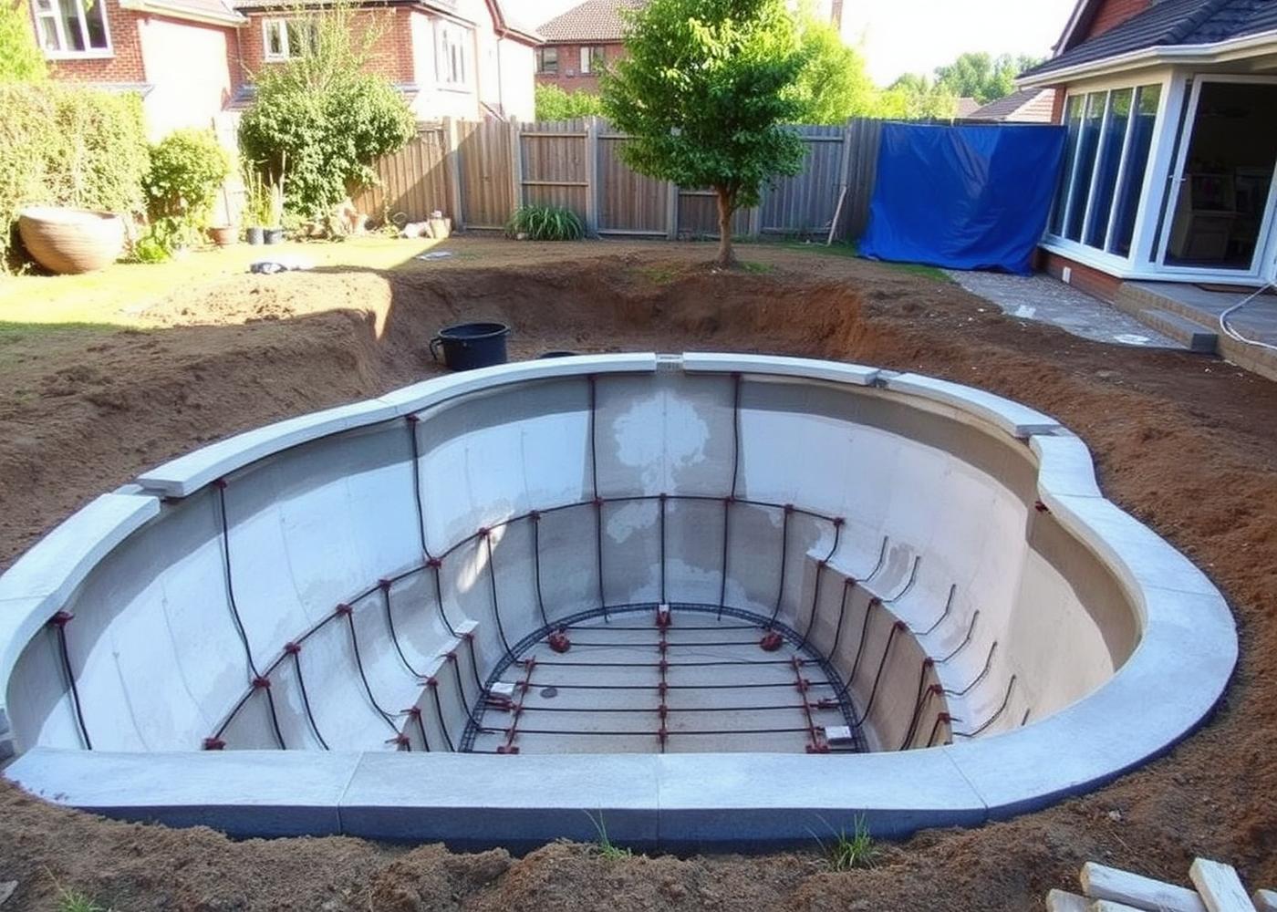 Swimming pool under construction in a residential garden, with reinforced concrete shell in place